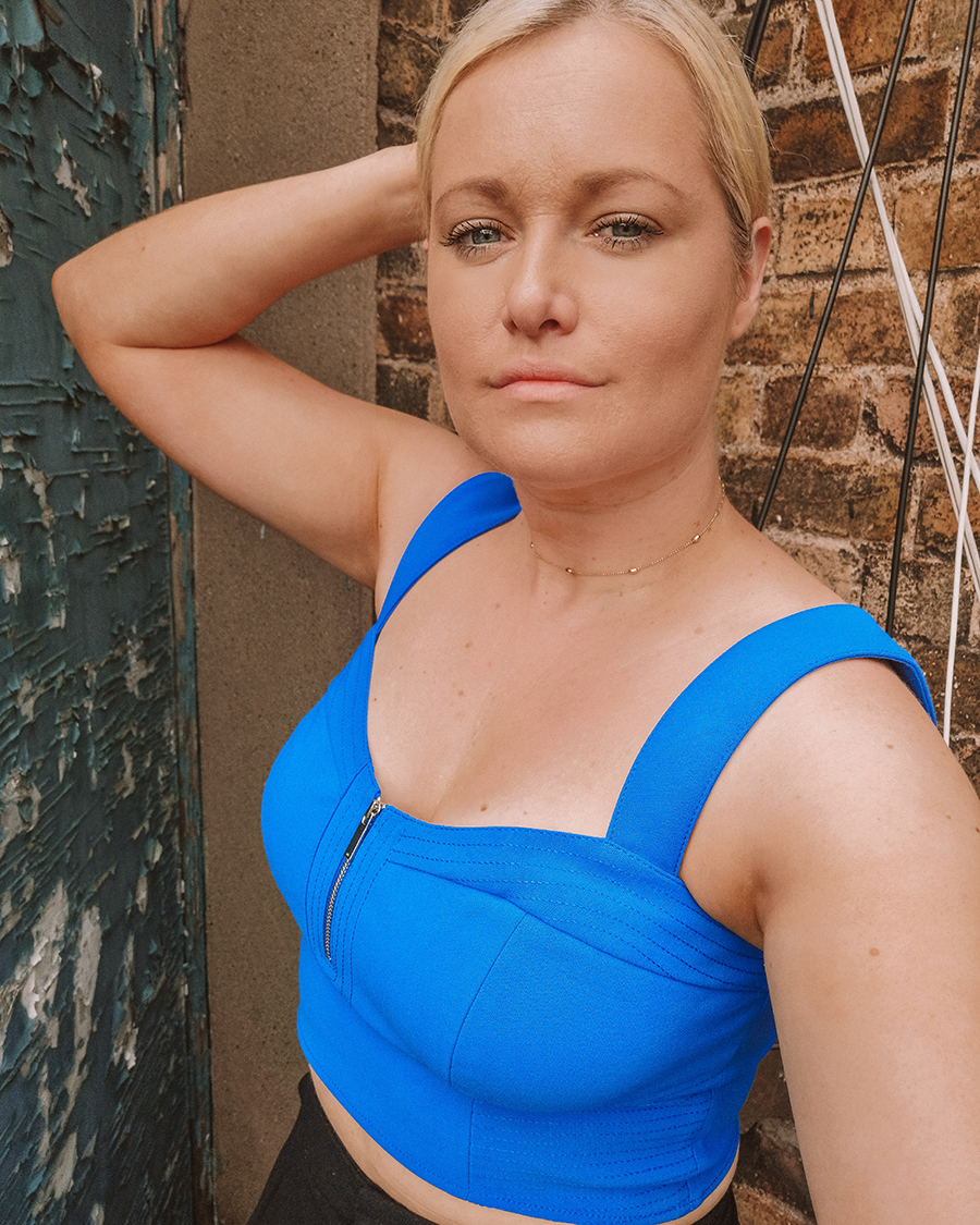 Lorna Weightman wearing blue Karen Millen top