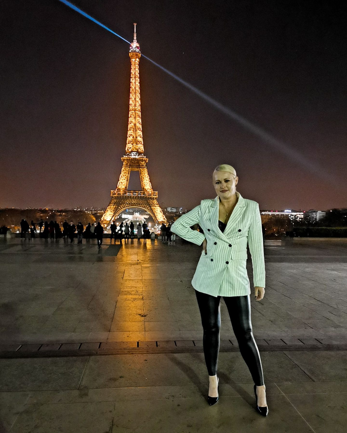 Lorna Weightman beside the Eiffel Tower