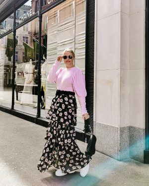 Lorna Weightman wearing Boohoo Floral skirt an ASOS sweater with Primark bag and shoes