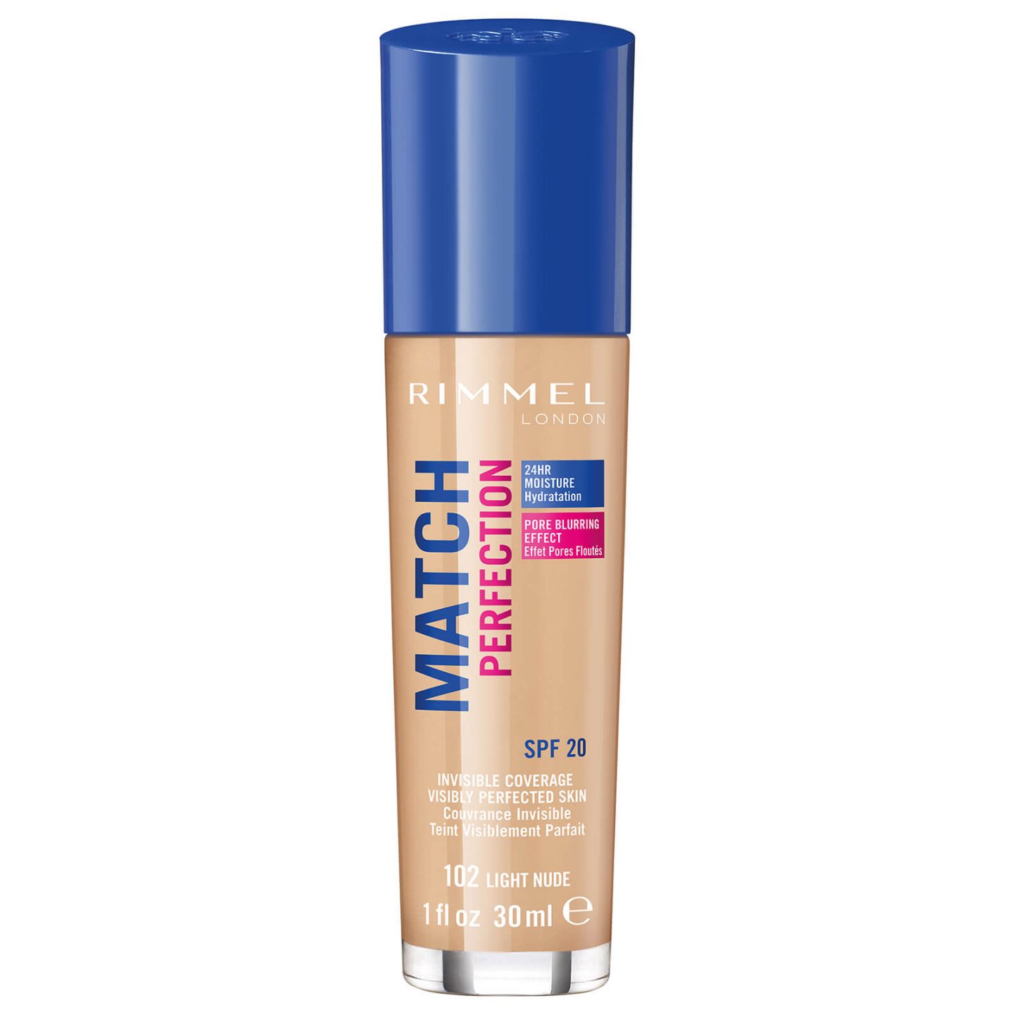 Rimmel Match Perfection Foundation in bottle 30ml. Glass bottle with blue top. 