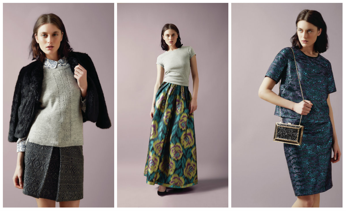 From left: Alina printed shirt €70, Aurora jumper €70, Juniper jacquard skirt €70 and Ginny fur jacket €108; Middle; Caprice T-shirt €28 and Elfina skirt €230 and Right: 