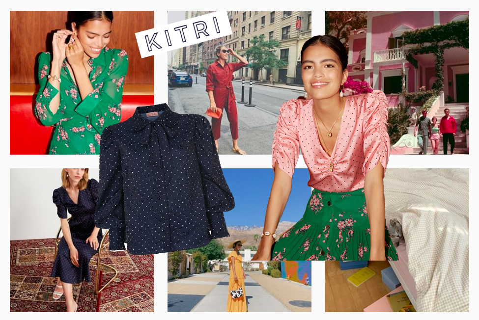 KITRI collage of looks from Instagram feed as well as two images one of a navy and white polka dot blouse and an image of a model wearing a pink and white polka dot blouse with floral skirt