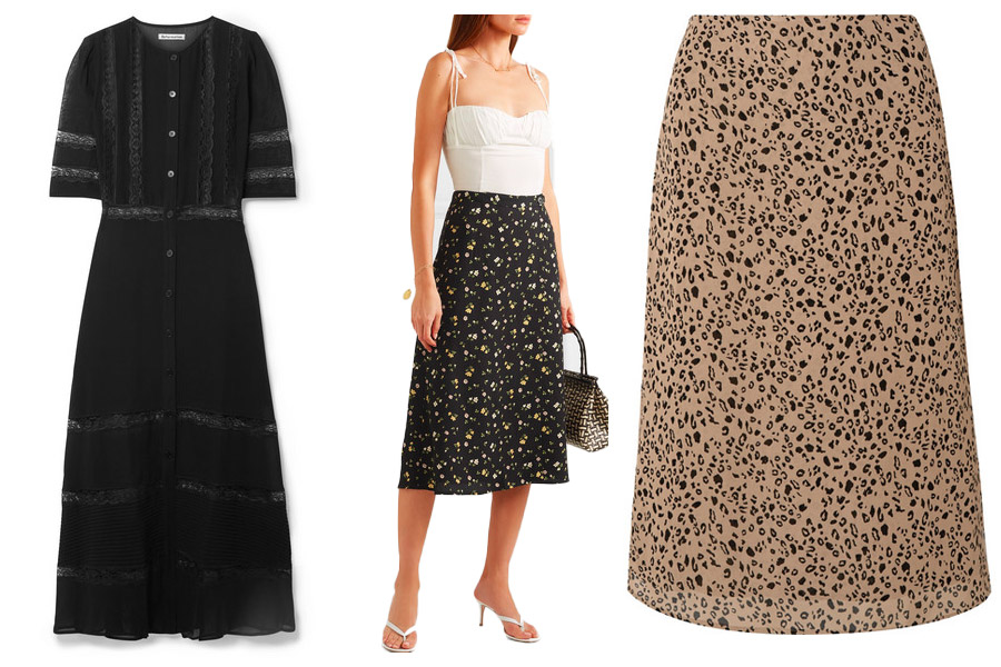 Reformation black midi dress, white vest top styled with floral midi skirt on model holding a small tote bag. To the right animal print midi skirt