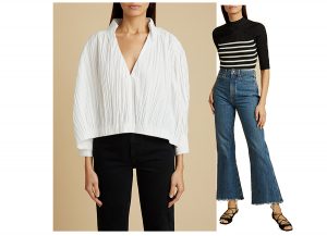 Model images featuring two images. One with a white shirt and black trousers the second with a stripe top and flared blue denim jeans
